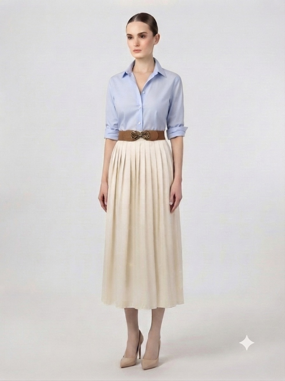 Cream COLOR OFF White Pleated MIDI With Faux Brown Leather Stretchy Belt